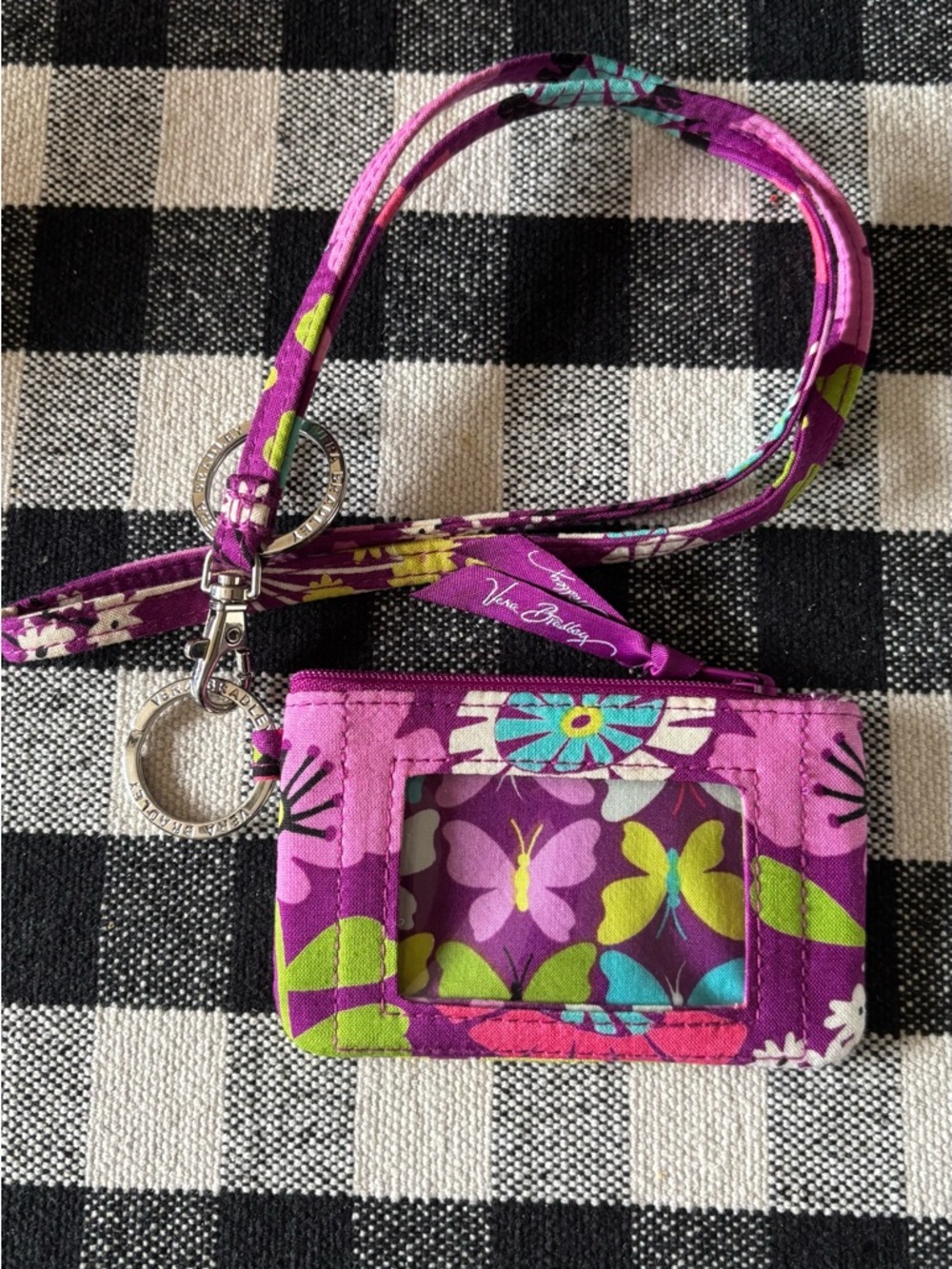 New Vera Bradley Zip ID Case and Lanyard in Flutterby Flowers